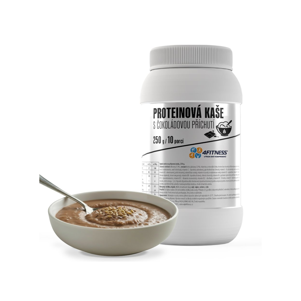 4Fitness Proteinová kaše s čokoládovou příchutí v bílé dóze s hotovou porcí v misce.