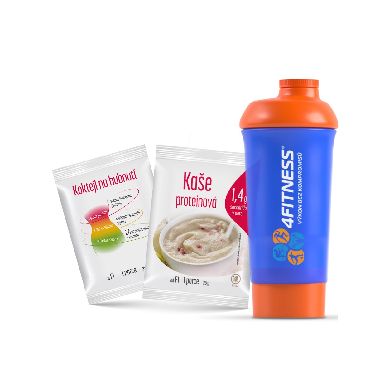 Sada na hubnutí 4Fitness, proteinové koktejly a kaše pro dietní režim se shakerem.