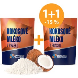 Sušené kokosové mléko 4Fitness, veganská náhrada mléka v prášku pro sportovce, akční balíček se slevou, detail sypké směsi a kokosového ořechu.