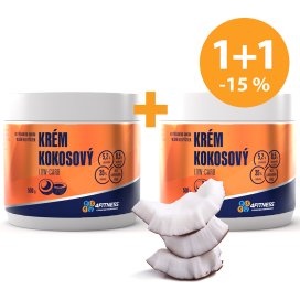 Kokosový krém 4Fitness v balíčku 1+1, zdravé low-carb mlsání pro sportovce a dietu, oříšková pomazánka bez cukru, detail kousků čerstvého kokosu.