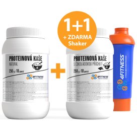 Proteinová kaše 4Fitness, akce 1+1 na fitness snídaně, shaker zdarma k nákupu doplňků stravy, instantní kaše s vysokým obsahem bílkovin.