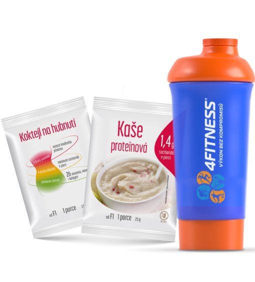 Sada na hubnutí 4Fitness, proteinové koktejly a kaše pro dietní režim se shakerem.