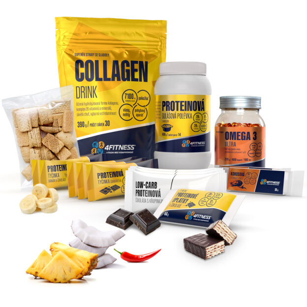 Balíček produktů Pro nejlepšího tátu od 4FITNESS. Collagen drink, omega 3, proteinové tyčinky, rozmarýnové krekry, proteinová polévka.