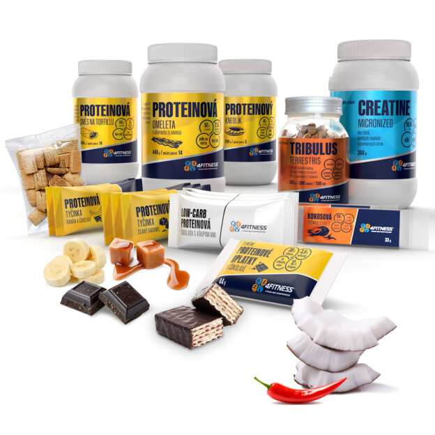 Balíček produktů Pro nejlepšího bráchu od 4FITNESS. Obsahem je Creatin, omega 3, proteinové tyčinky, rozmarýnové krekry, proteinová polévka, proteinová omeleta, proteinový knedlík.