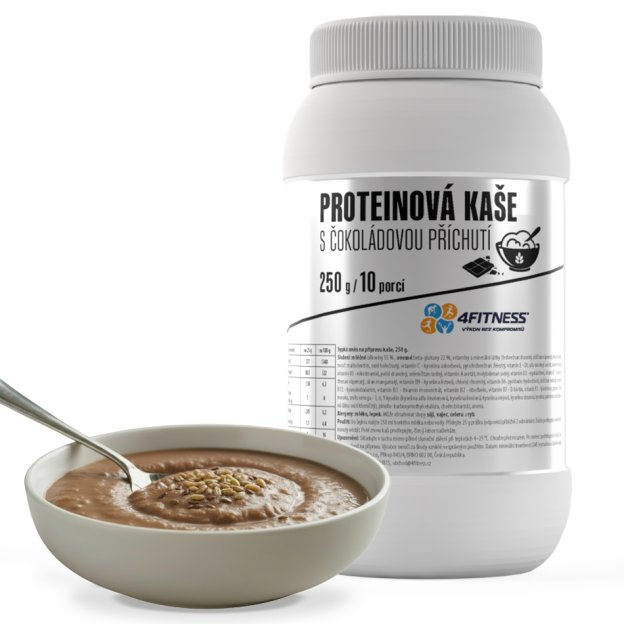4Fitness Proteinová kaše s čokoládovou příchutí v bílé dóze s hotovou porcí v misce.