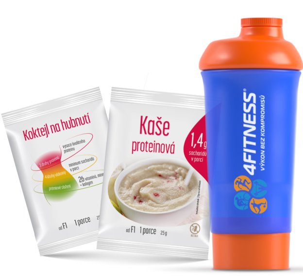 Sada na hubnutí 4Fitness, proteinové koktejly a kaše pro dietní režim se shakerem.